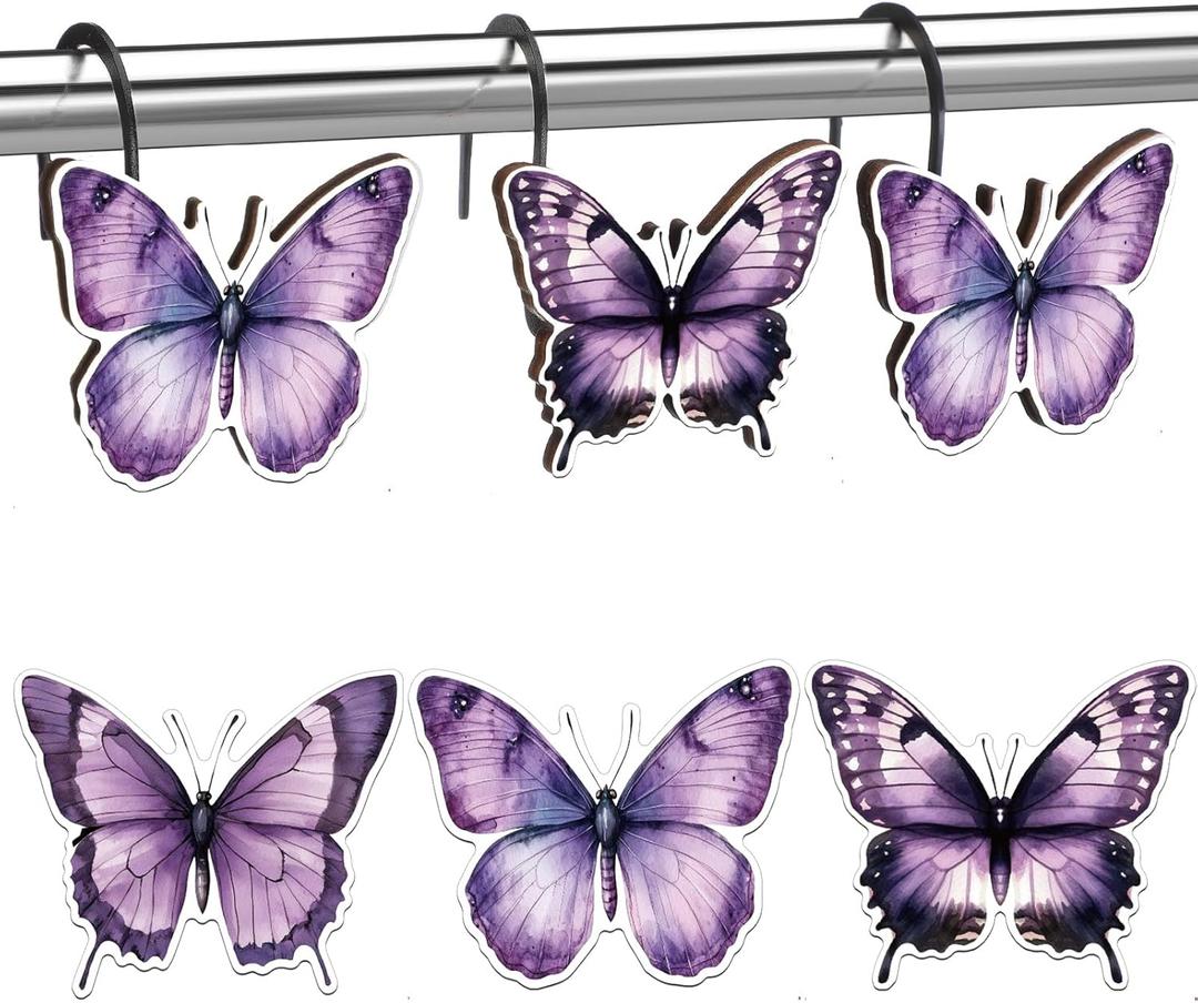 Sawysine 12 Pcs Purple Butterfly Shower Curtain Hooks Set Wood Decorative Purple Butterfly Bathroom Decor Accessories Lilac Spring Shower Curtain Hangers for Bathroom Bedroom Living Room