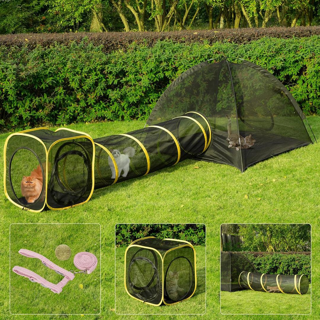 VIVOHOME Outdoor Cat Enclosures 3-in-1 Portable Catio w/Large Cat Tent, Tunnel, Playhouse, 5 Piece Door, Cat Leash, Mint Ball for Rabbits, Dogs and Feline Friends to Explore in Yard, Balcony, Camping