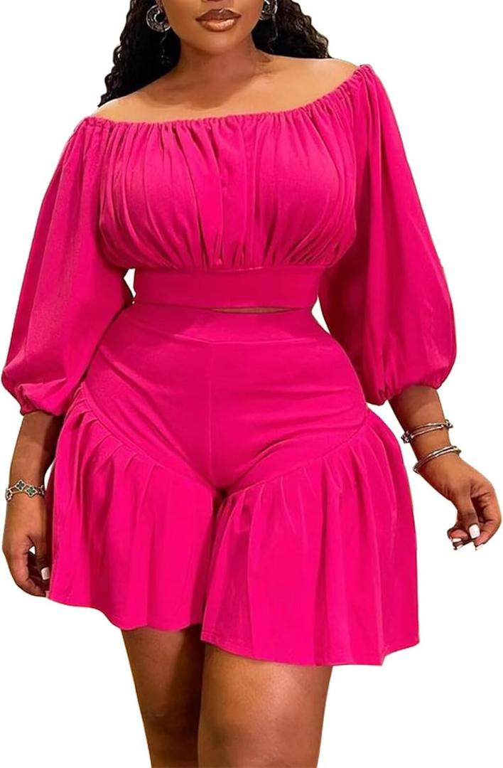 Women's Plus Size 2 Piece Outfits Off Shoulder Long Lantern Sleeve Crop Top and Ruffle Shorts Set (3X-Large, Hot Pink)