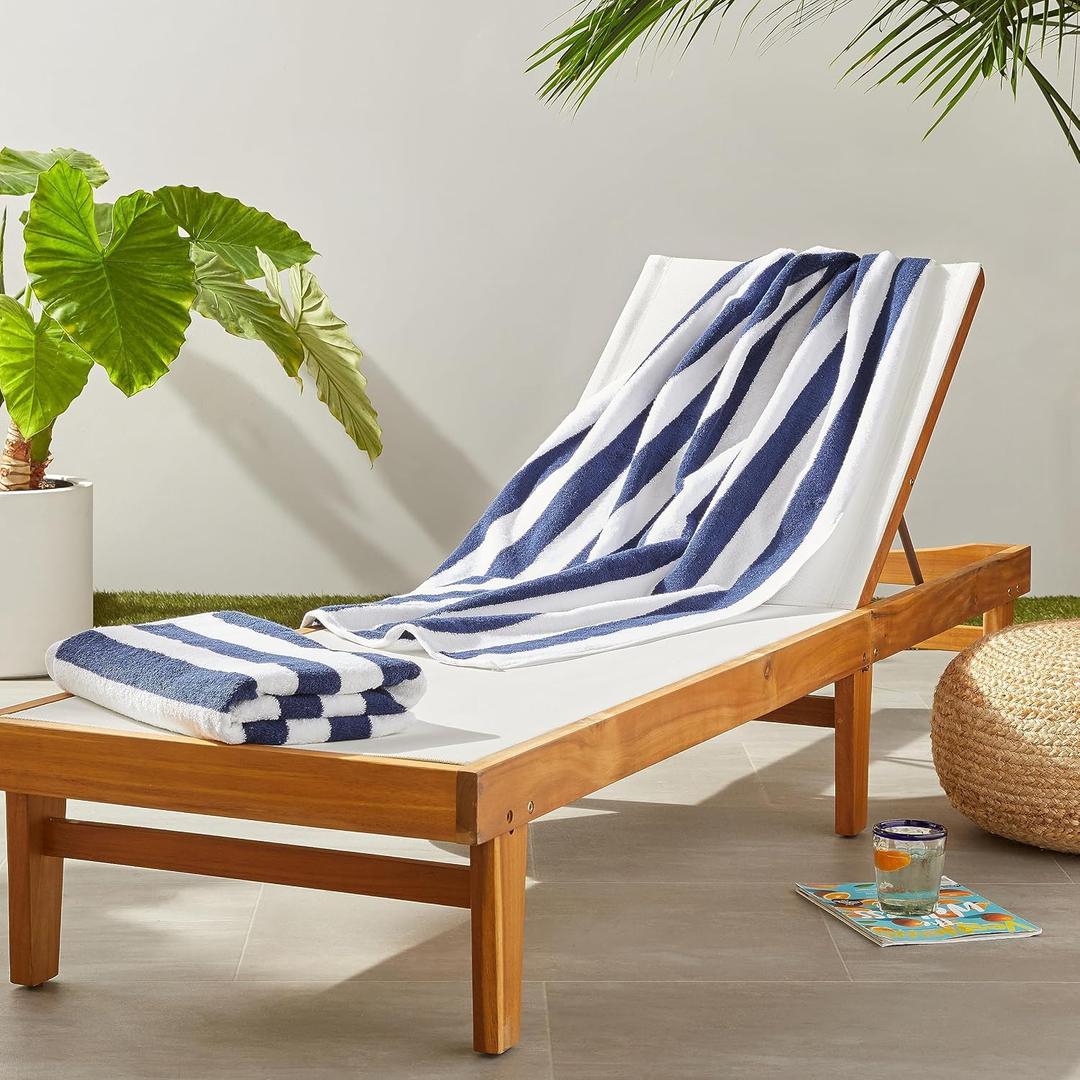 Amazon Basics 100% Cotton Soft & Absorbent Beach Towels, Cabana Stripe, Fast Drying, Machine Washable, Large 30 in x 60 in, Navy Blue, 2-Pack