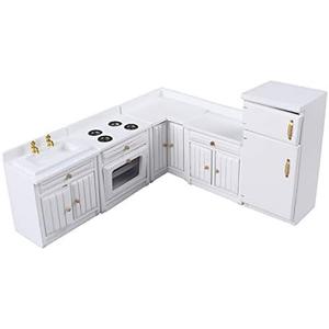 Dollhouse Kitchen Furniture Kit 1:12 Doll House Miniature Suite Wooden Kitchen Cabinet Fridge Set Dining Room for Miniature Dollhouse Furniture Scenes Accessories