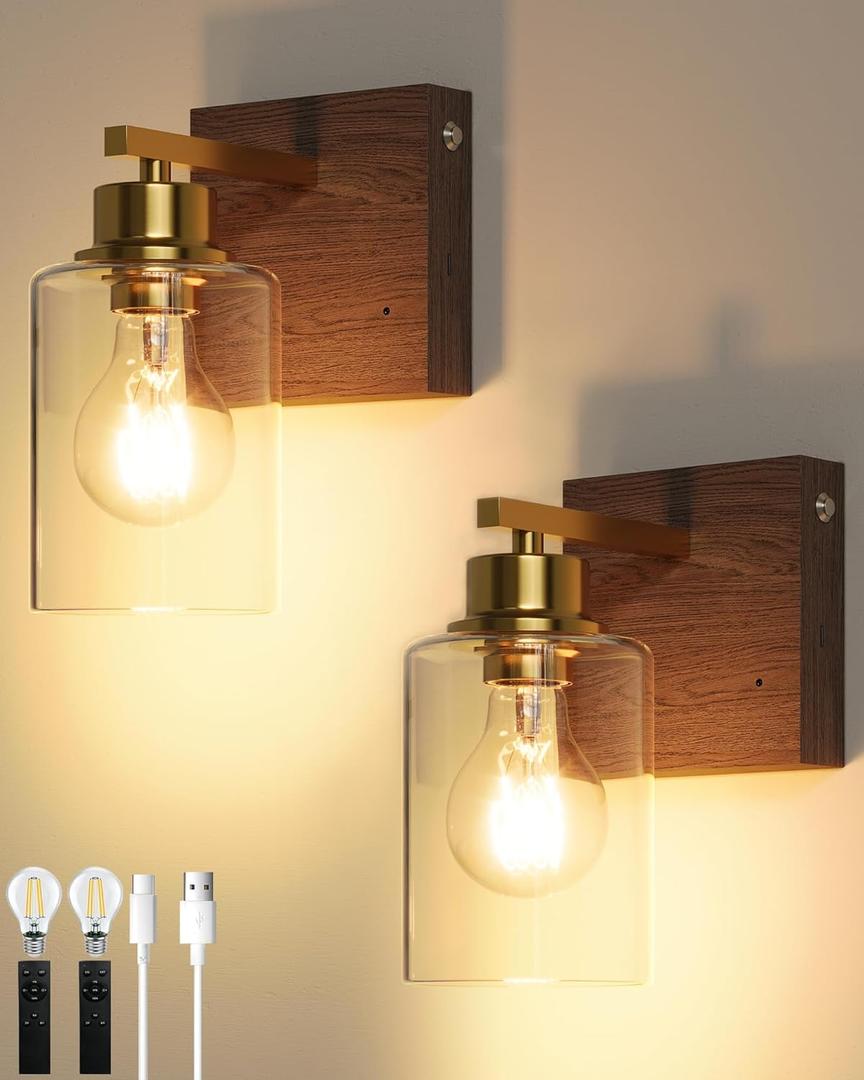 Rechargeable Wall Sconce, Gold & Walnut Battery Operated Wall Sconce Set of 2 with Timer Function, Easy Install Dimmable Wireless Wall Lamps for Living Room, Bedroom, Hallway, Entryway Decor 3000K
