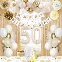 50th Birthday Decorations, Happy 50th Birthday Decorations White and Gold Balloons Happy Birthday Banner Tablecloth Fringe Curtain Cake Topper Paper Pom Poms Men Women 50th Party Decorations 50 Bday