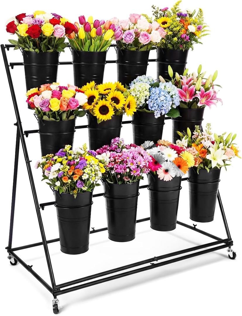 Flower Plant Display Stand with Buckets 43 Inch Tall 3 Layers Metal Stand Cart Holder Moving Florist Bouquet Shelf for Fresh Flower Bar Shop Decor Patio Garden Outdoor Pop-up Events (Black)