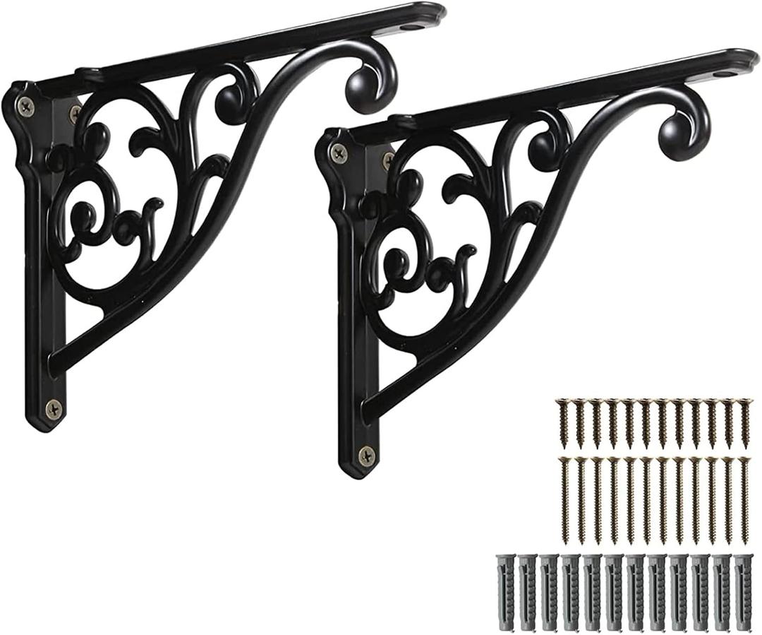 2 Pack 8 Inch Shelf Brackets, Black Shelf Brackets,Metal Bracket for Shelves Ornate Heavy Duty Decorative Wall Brackets for Shelves (2, Black)