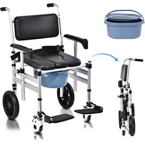 Shower Chair with Wheels 4 in 1 Folding Padded Bedside Commode Wheelchair Height Adjustable Detachable Bucket with Wheels Lifting Armrests Flip-up Footrest for Elderly Disabled