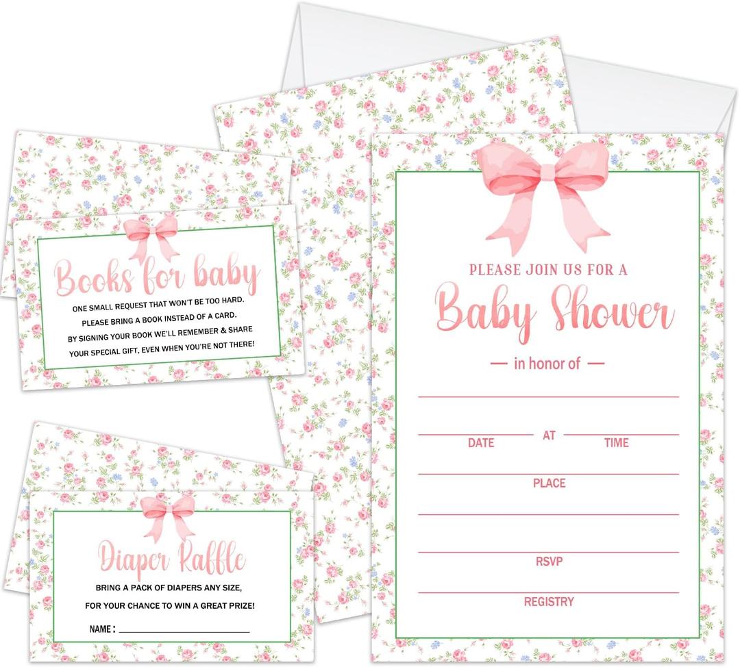 Girl Baby Shower Invitations for Girl, Set of 25 Baby Shower Invites Pink Bow Floral Gender Reveal Invites Cards with Envelopes, Book Request Cards, Diaper Raffle Tickets for Party Supplies /05