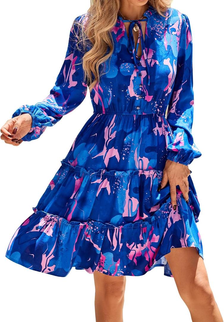 BTFBM Women Fall Dresses 2026 Floral Long Sleeve Mini Boho Dress (S)