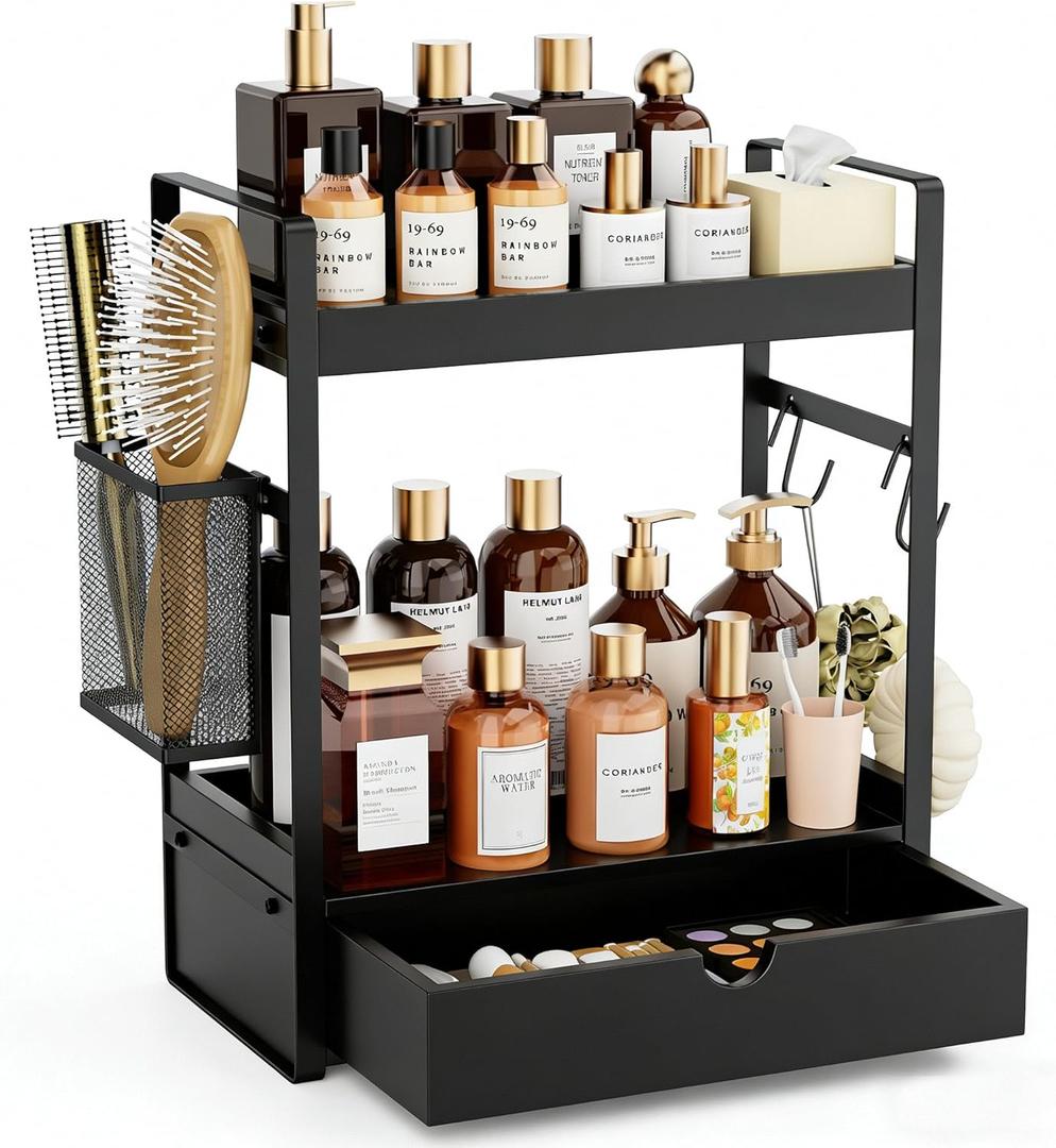 2-Tier Bathroom Counter Organizer with Drawer Basket and Hooks, Wood Bathroom Organizers and Storage for countertop, Farmhouse Black Countertop Organizer, Counter Shelf for Vanity, Kitchen, Office