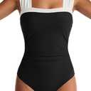 One Piece Swimsuit for Women Tummy Control Bathing Suits Full Coverage Wide Straps Swim Suit Color Block Swimwear (Black, M)