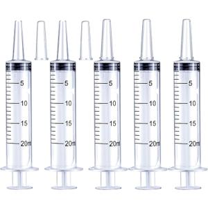 5Pack 20ml Plastic Syringe with caps for Liquid Measuring,Oral,Scientific Labs,Feeding Pets, Oil or Glue Applicator, Halloween Party, Sterile Individually Packed