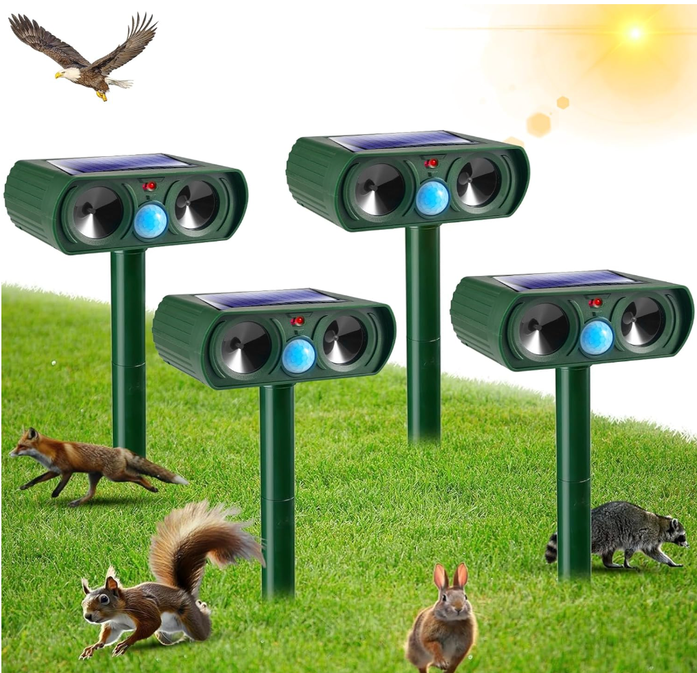 4 Pack Solar Ultrasonic Animal Repellent Outdoor Deer Repellent Devices Waterproof Motion Activated Animal Deterrent Device to Scare Cat Dog Squirrel Rabbit Raccoon Skunk Out of Yard Garden Lawn