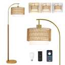 ZECOXOL Boho Floor Lamps for Living Room Wood Floor Lamp with Remote Control,Dimmable Rattan Floor Lamps Farmhouse Gold Standing Lamp with 3 Color Temperature Tall Arc Floor Lamp for Bedroom Corner