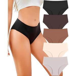 UNDER THE SEA Seamless Underwear for Women Plus Size Mid Rise Lingerie Brief Sexy No Show Panties Womens Cheeky 5 Pack (Large, Black&mocha Grey&brick Yellow&apricot&silver Gray)