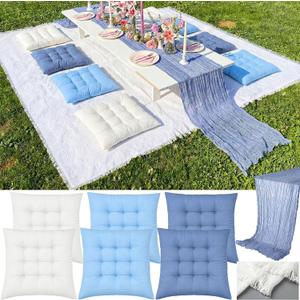 Extra Large Outdoor Picnic Blanket with Table Runner and Floor Pillow Cushion for Picnic Wedding Birthday Baby Shower Backyard(91 x 71'',Blue,White,6-Person)