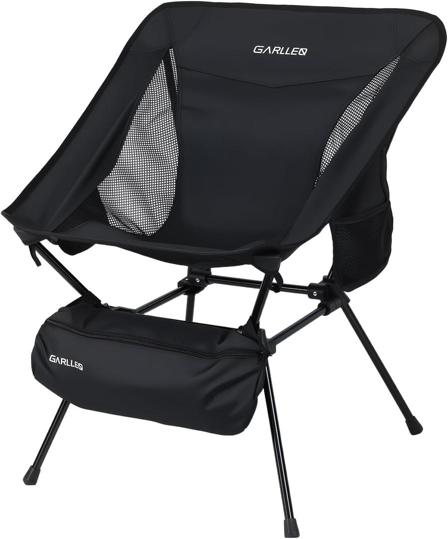 GARLLEN Portable Camping Chair 400LBS Capacity, Folding Backpacking Chair with Both Side Pockets, Folding Travel Chair with Carrying Bag & Anti-Slip Feet for Camping, Hiking, Picnic, Beach, Black