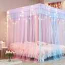 Mengersi Rainbow Canopy Bed Curtains with Lights - Princess Bed Canopy for Girls - Bed Drapes Netting- Bedroom Decoration Accessories,Twin