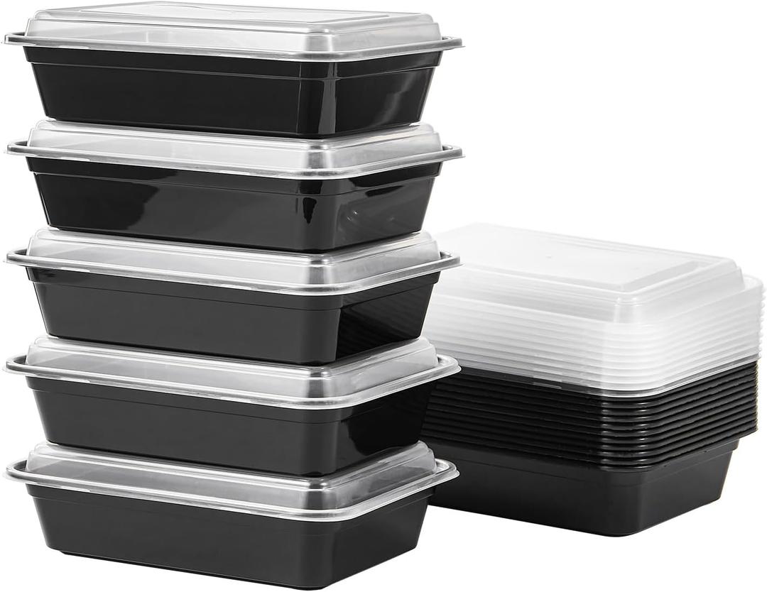24 oz Meal Prep Containers With Lids Reusable 50 Pack Extra-thick Plastic Food Storage Black Disposable To Go Lunch Box BPA Free Stackable Microwave Dishwasher Freezer Safe (Formerly FULING)