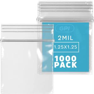 1000 Count - 1.25" x 1.25" Small Zip Bags, Mini Reclosable Zipper Baggies, 2 Mil, Clear Plastic Resealable Storage Bags with Zip Top Lock for Packaging Jewelry, Diamonds, Pills, Beads, Seeds - GPI