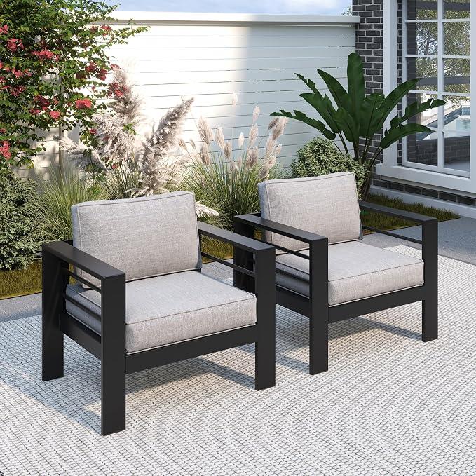 Aluminum Outdoor Patio Chairs, Patio Sofa with 10" Back Cushion, Light Grey Oversized Metal Outside Couch, Outdoor Couch with 27.5" Deep Seating & 3.2" WIde Armrest, Outdoor Furniture Sets for Balcony, 2 x Armchair