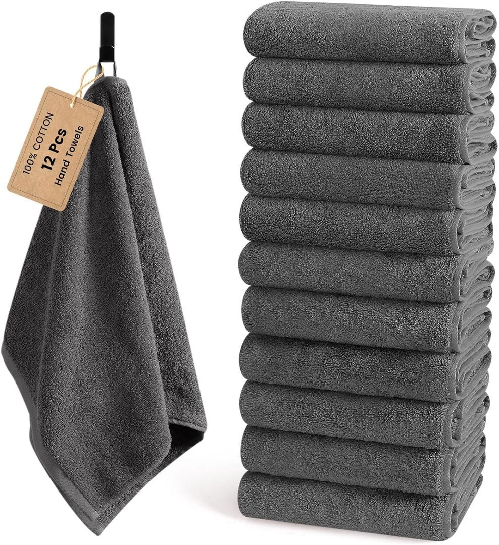 SEMAXE 12 Pack Hand Towels Set for Bathroom, Hotel, Gym and Spa, 16" x 27" 100% Combed Cotton Towels with Hanging Loops, Gift Box Packaging, Grey