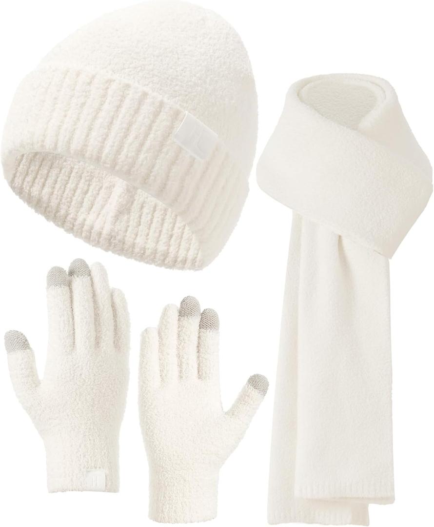 Hat Scarf And Gloves Set For Women,Womens Winter Beanie Hats Long Scarf Scarves Knit Touchscreen Gloves For Cold Weather (White)