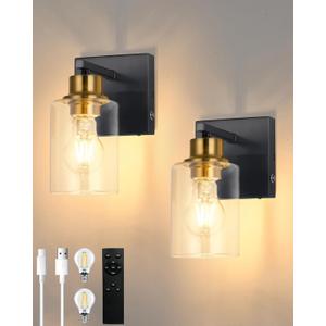 Battery Operated Wall Sconce Set of 2, Black & Gold Rechargeable Wall Lights with Timer Function, Easy Install Dimmable Wireless Wall Lamps for Living Room, Bedroom, Hallway, Entryway Decor 3000K