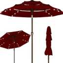 Kingdura 10ft 3-Tier Patio Umbrella with Solar Lights, Table Umbrella Outdoor Patio with Easy Crank & Tilt, 8 Sturdy Ribs, UV Protection, 32 LED Lights for Deck, Poolside, Market (Dark red)