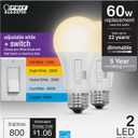 Feit Electric A19 LED Light Bulb, 60W Equivalent, Dimmable, Color Selectable 6-Way, 5CCT, E26 Medium Base, 90 CRI, 800 Lumens, 22-Year Lifetime, Damp Rated Lightbulb OM60DM/6WYCA/2, 2 Bulbs