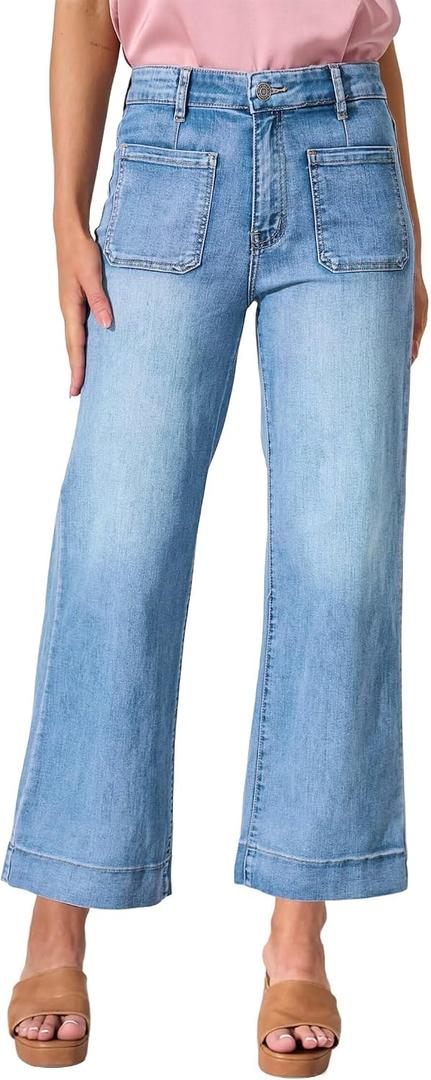 Allimy Women's High Waisted Cropped Wide Leg Jeans Stretchy Loose Denim Pants with Front Patch Pockets (Blue)