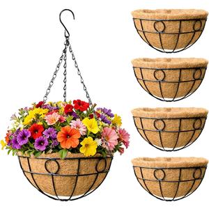EIMQUVW Outdoor Hanging Planter(4-Pack) Black Metal Hanging Baskets with Coconut Fiber Lining 14 inch Round Chain Flower Pots for Patio Garden Greenery Decoration