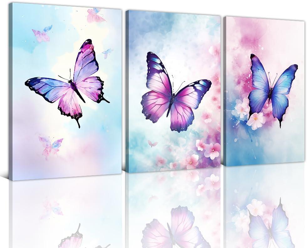 NAMENLAIMI Butterfly Canvas Wall Art Decor 3 Piece Colorful Butterfly Picture Wall Decor Watercolor Butterfly Canvas Prints for Bathroom Girls Room Decor Frame(Butterfly-1,16.00" x 24.00" x 3Pcs)