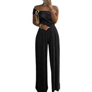 CHICME Women's Jumpsuit Dressy One Shoulder Buckle Decor Ruched Wide Leg Jumpsuits Elegant Party Overall, Small