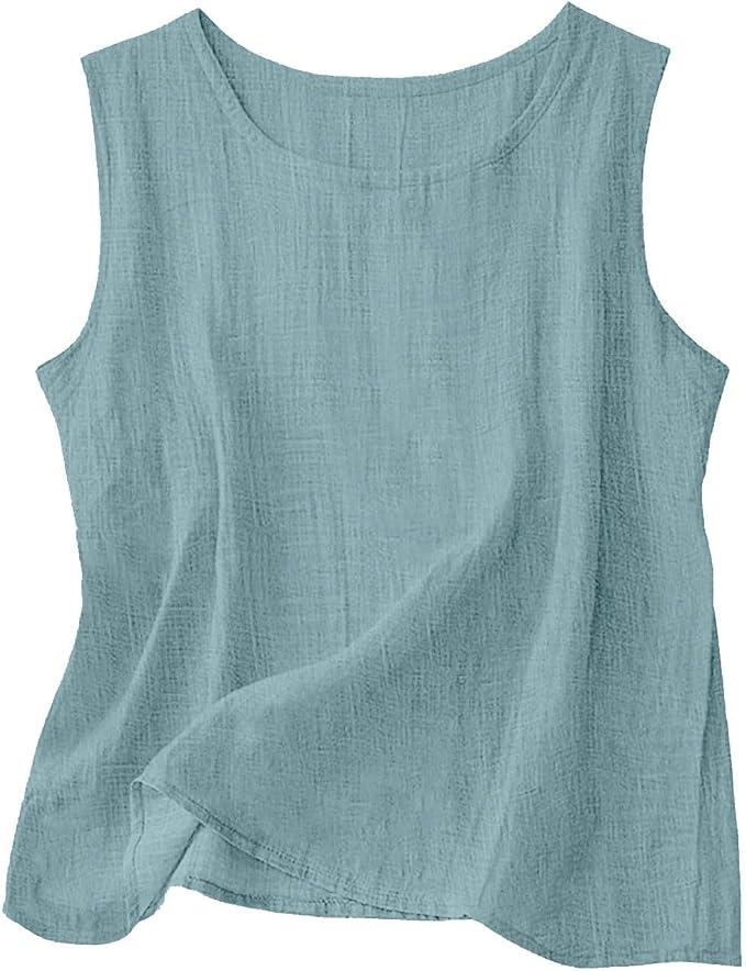Cotton Linen Tank Tops for Women Sleeveless Gauze Shirts Round Neck Loose Fit Summer Casual Beach Tops
 (Blue, S)
