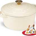 Overmont Enameled Cast Iron Dutch Oven - 5.5QT Pot with Lid Cookbook & Cotton Potholders - Heavy-Duty Cookware for Braising, Stews, Roasting, Bread Baking Cream White