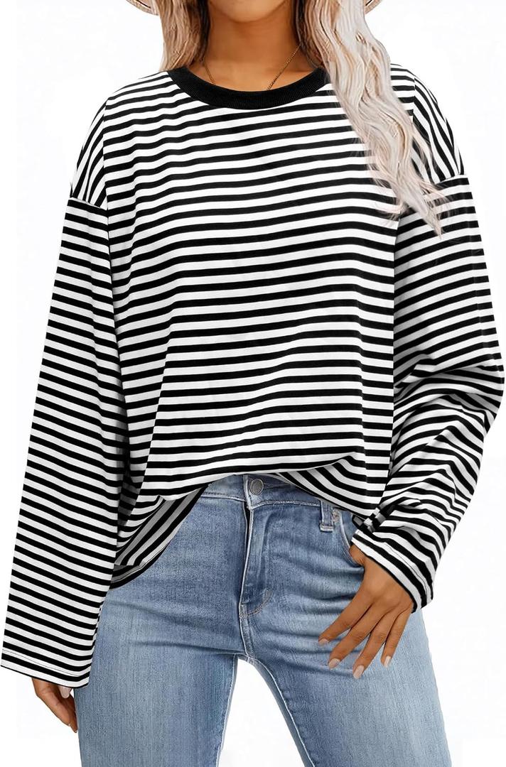 Womens Oversized Striped Long Sleeve Shirt Crewneck Sweatshirt Color Block Loose Pullover Top Teen Girl Y2K Clothes (Black, M)
