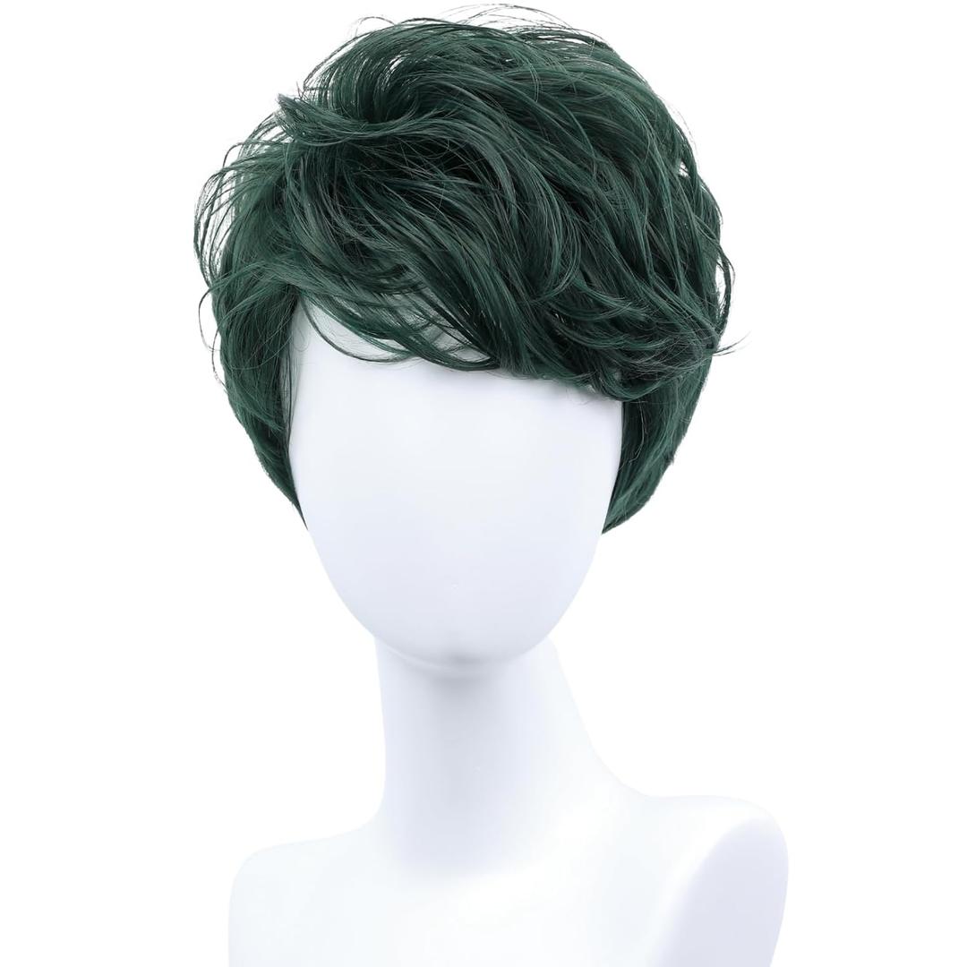 Short Green Cosplay Wig for Men Halloween Costume Anime Layered Synthetic Wigs (Green, Adults)