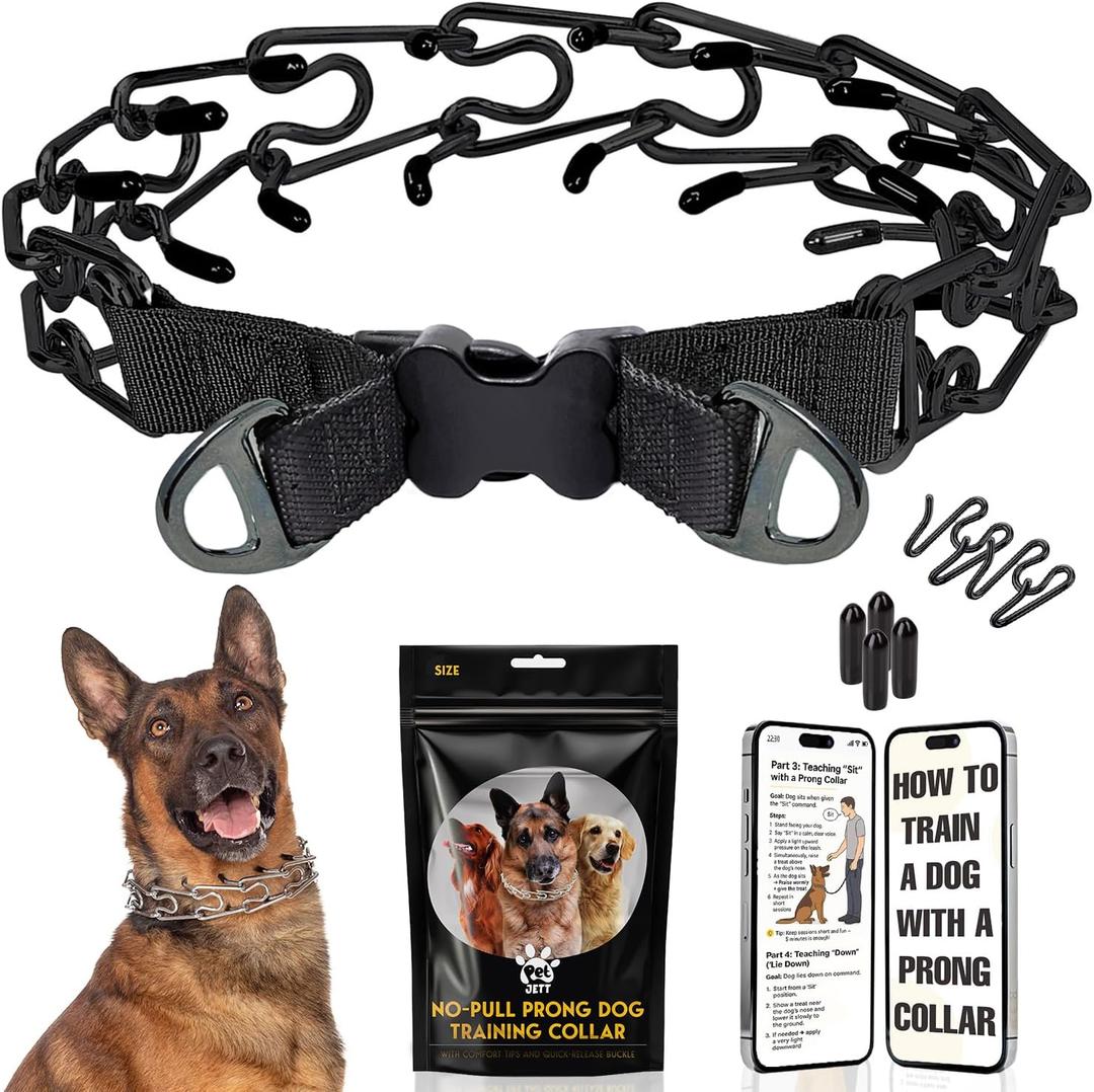PetJett Prong Collar for Dogs - No Pull Choke Collar for Dogs, Pinch Collar for Dog Adjustable Dog Training Collar for Small Medium Large Breed - Safety Stainless Steel Metal Choker Chain Walking Tool (Large: 18 - 20" / 70 lbs, Full Black)