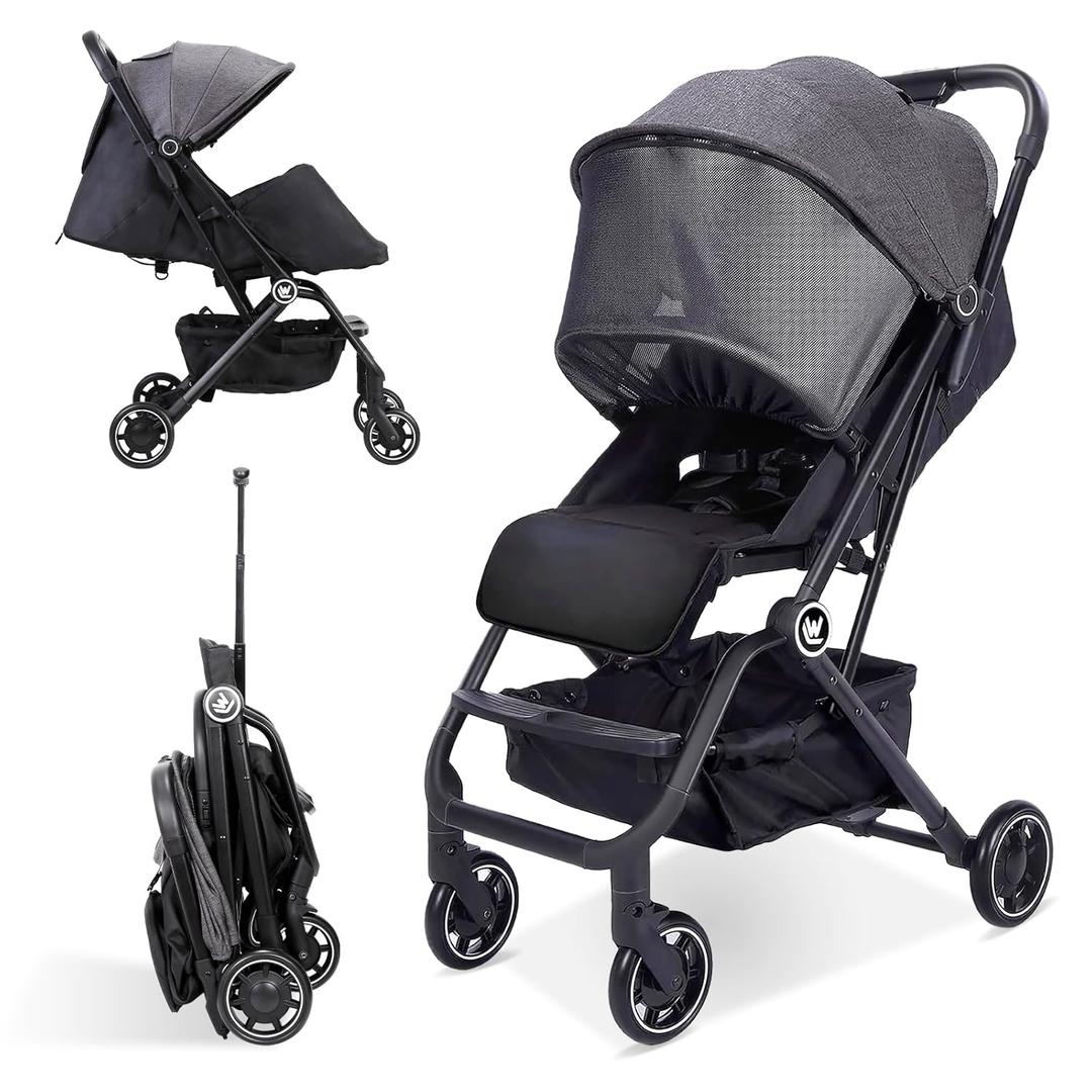 Lightweight Baby Stroller, Upgrade Compact Travel Stroller with Hidden All-Inclusive Foot Cover & Sleep Shade, One Hand Easy Foldable Pram, Oversize Basket for Airplane Travel (F1-170 Degree)