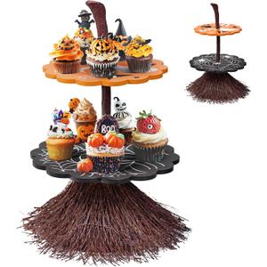 antiai 2 Tier Halloween Cupcake Stand Wooden Cake Dessert Stand Party Supplies Food Tray Decorations Ghost Cupcake Holder for Halloween Party Display Serving Dishes