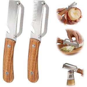 2 x Multifunctional Vegetable Peeler, 3 in 1 Julienne Peeler with Wooden Handle, Vegetable Shredder with Bottle Opener Kitchen Tool for Peeling Veggie Fruit Pineapple Pumpkin Papaya Carrrot(2 Pack)