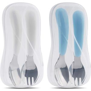 Kirecoo 2 Set Toddler Utensils, Toddler Forks and Spoons, Stainless Steel kids Silverware Set, Designed for Self Feeding Flatware Utensils with Travel Carrying Cases BPA Free (White & Aqua)