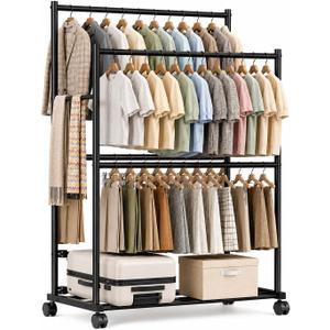 Clothes Rack - 36.2" x 21.3" x 72", 4-Bar Double Rod Rolling Metal Clothing Rack for Hanging Clothes, Portable Garment Rack with Wheels for Bedroom Laundry, Closet Wardrobe, Black