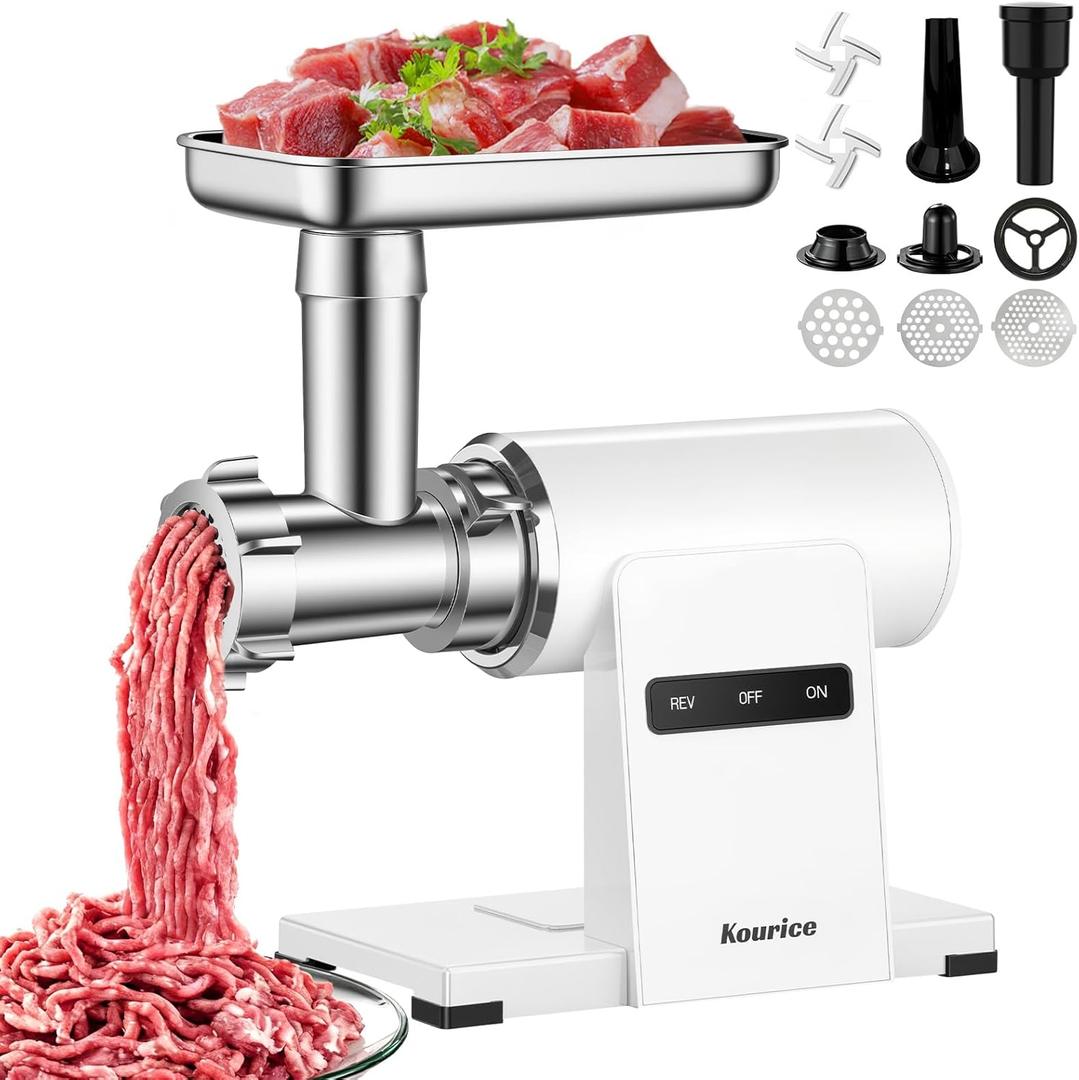 Electric Meat Grinder for Home Use, 2800W Peak Power, Heavy Duty Metal Body with Auto-Reverse, 2 Blades & 3 Grinding Plates, Sausage Stuffer & Kibbeh Kit, Easy Clean, White