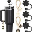 Compatible with Stanley Cup Accessories, 3PCS Straw Toppers for Stanley Straw Cover Cap, 2PCS Cute Letter for 30&40 Oz Tumbler with Handle (Black)