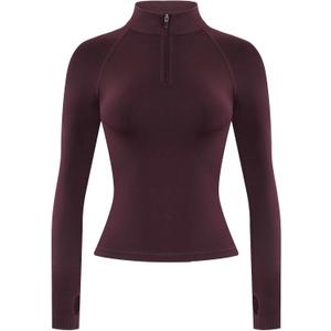 AUROLA Influence Workout Jacket for Women, Half Zip Cropped Slim Fit Long Sleeve Yoga Jackets Athletic Top with Thumb Holes (Large, Black Cherry)