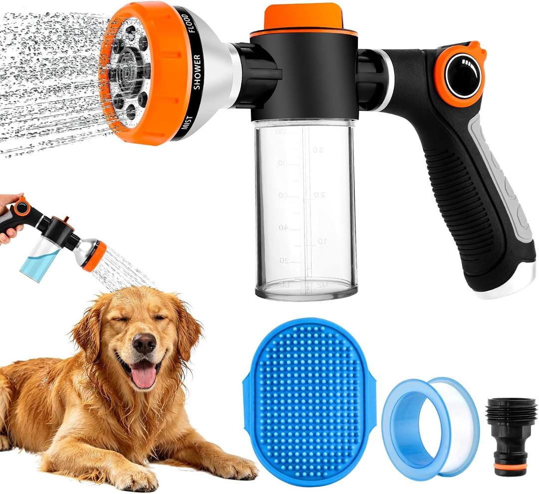 Dog Wash Hose Attachment, High Pressure Garden Water Hose Nozzle 8 Way Foam Sprayer with Soap Dispenser Bottle for Watering Plants, Car Washing, Pet Showering Bathing Tool