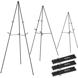 Nicpro Folding Easels for Display, 3 Pack 63 Inch Metal Floor Easel Stand Tripod Black Portable for Artist Poster Wedding with Carry Bag