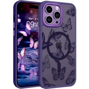 BENTOBEN for iPhone 14 Pro Max Case, Cute Butterfly Pattern Magnetic Phone Case Compatible with MagSafe Translucent Matte Slim Women Girl Protective Cover Case for iPhone 14ProMax 6.7", Dark Purple