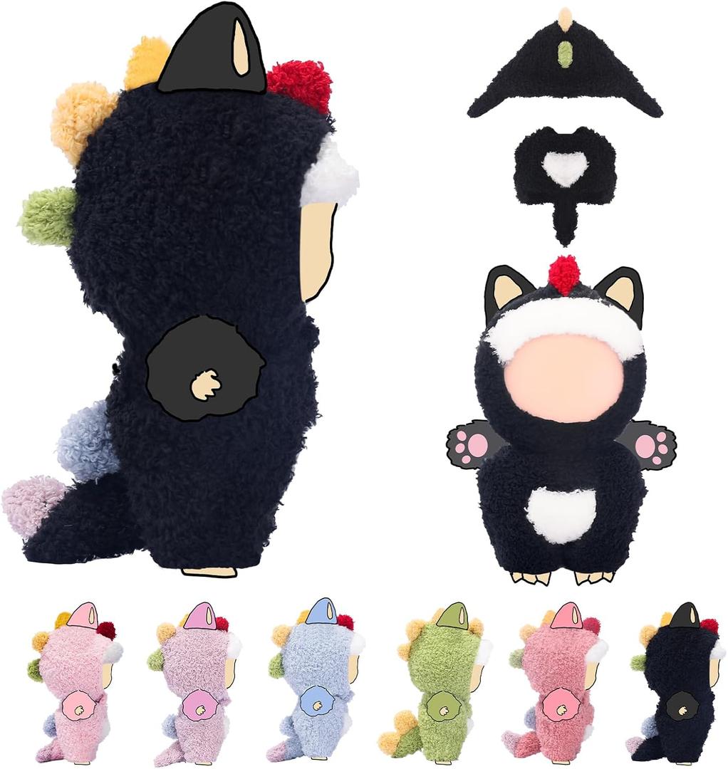 Clothes for LABUBU 17cm Doll (NO Dolls), Dinosaur Outfit for LABUBU, Dino Dolls Keychain Accessories, Faking Animal Style Outfit Jumpsuit Dinosaur Costume for Dolls (Black)